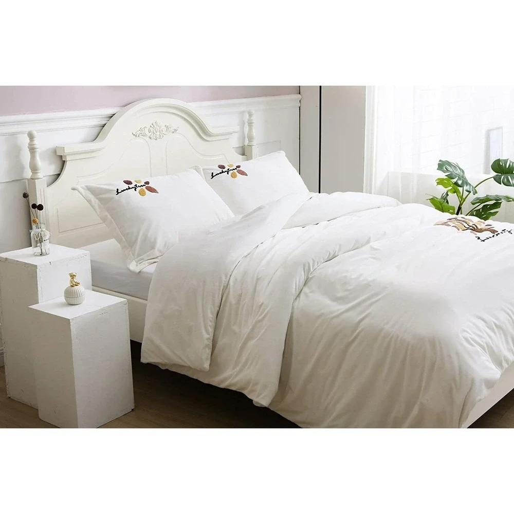 Plush Duvet Cover Set Luxury Ultra Soft Velvet Set QUEEN White EMBROIDERY LEAF